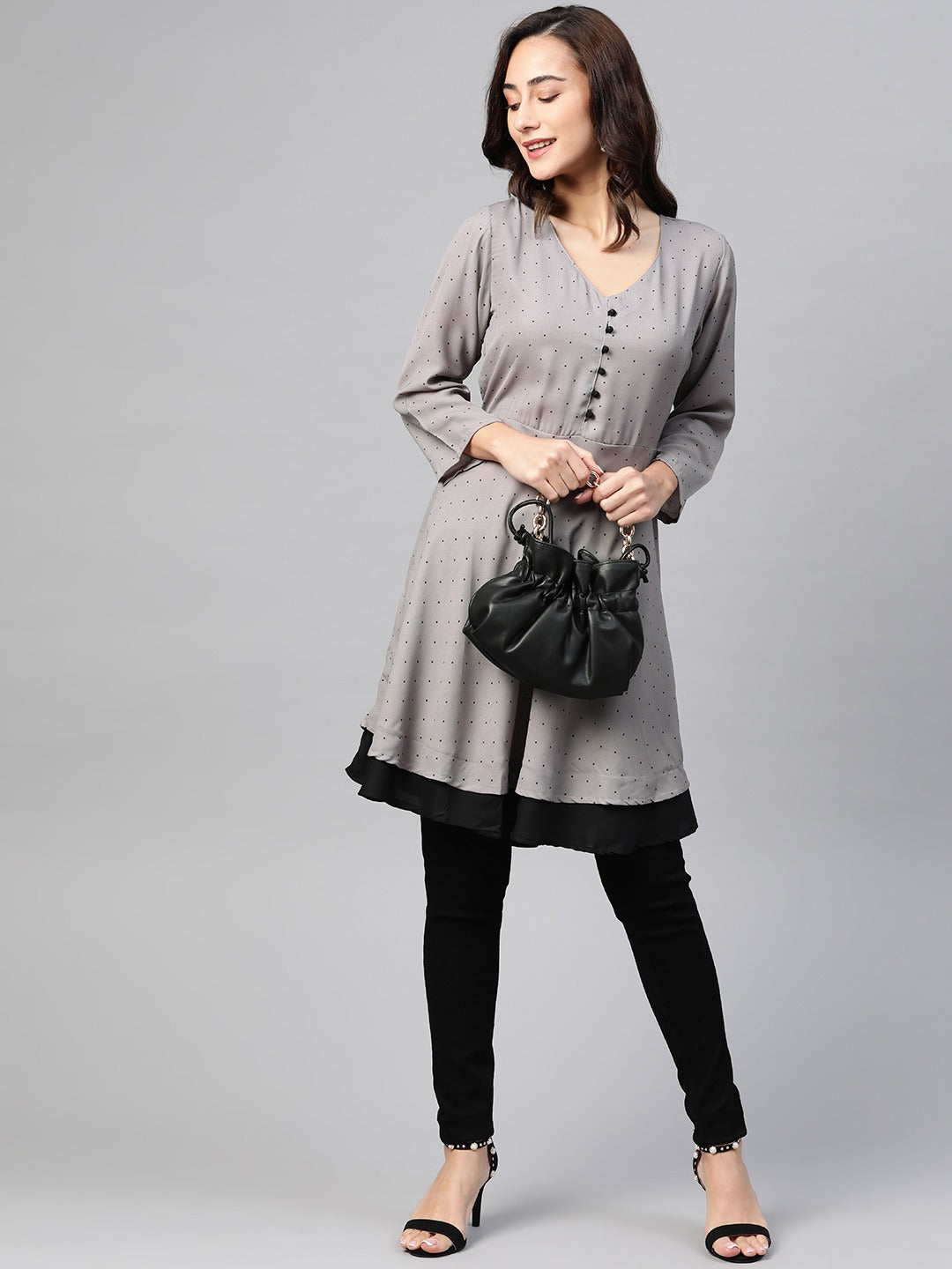 Jompers Women Grey & Black Polka Dots Printed Flaired Kurta | Grocsy