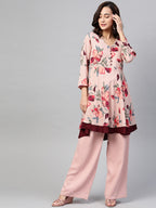 Jompers Women Peach & Maroon Floral Printed Floral Flared Kurta | Grocsy