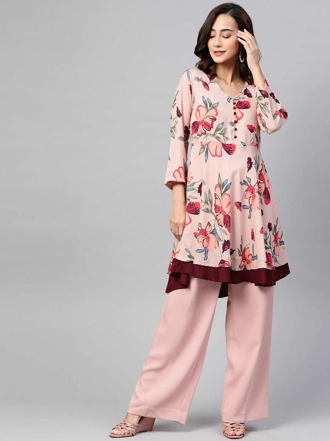 Jompers Women Peach & Maroon Floral Printed Floral Flared Kurta | Grocsy