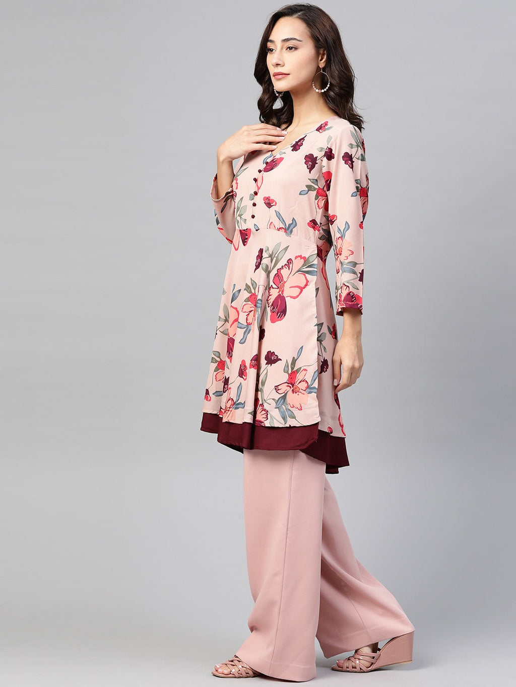 Jompers Women Peach & Maroon Floral Printed Floral Flared Kurta | Grocsy