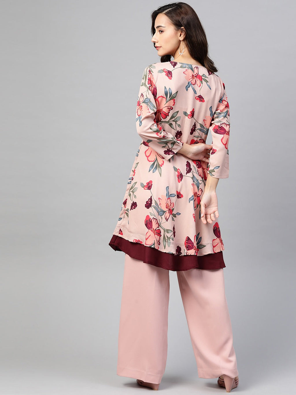 Jompers Women Peach & Maroon Floral Printed Floral Flared Kurta | Grocsy