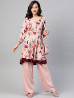 Jompers Women Peach & Maroon Floral Printed Floral Flared Kurta | Grocsy