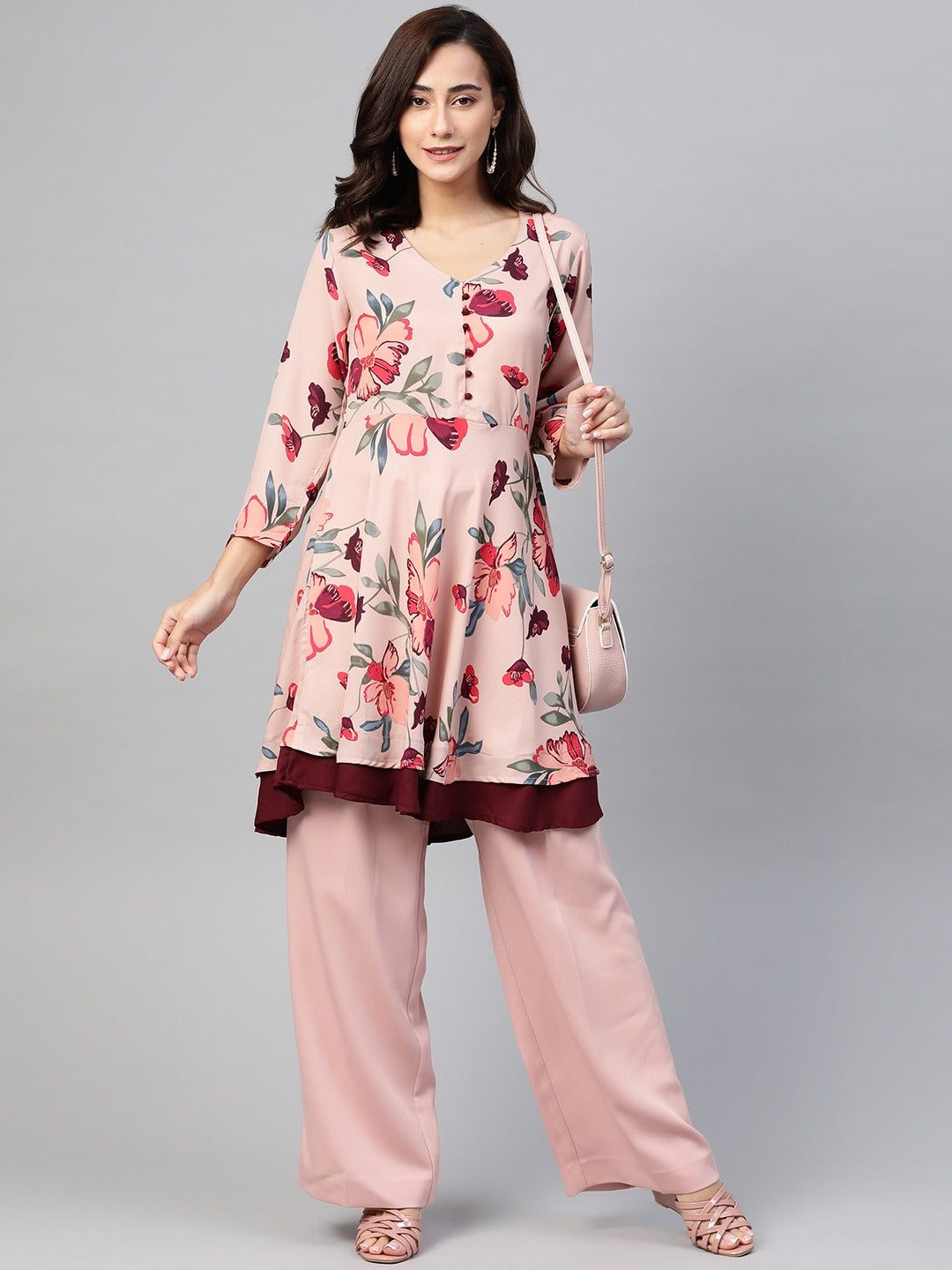 Jompers Women Peach & Maroon Floral Printed Floral Flared Kurta | Grocsy
