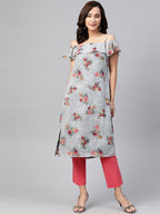 Jompers Women Grey & Pink Floral Printed Off-Shoulder Floral Kurta | Grocsy