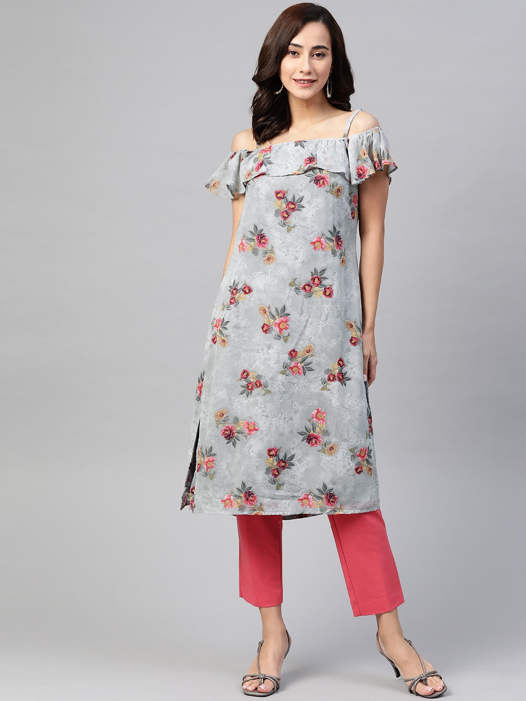 Jompers Women Grey & Pink Floral Printed Off-Shoulder Floral Kurta | Grocsy