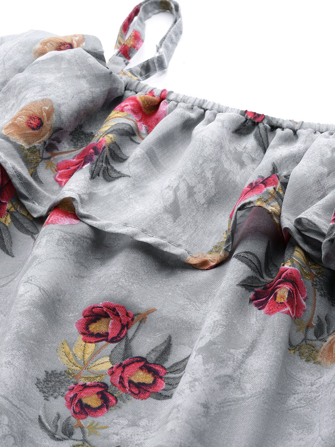Jompers Women Grey & Pink Floral Printed Off-Shoulder Floral Kurta | Grocsy
