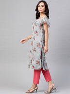 Jompers Women Grey & Pink Floral Printed Off-Shoulder Floral Kurta | Grocsy