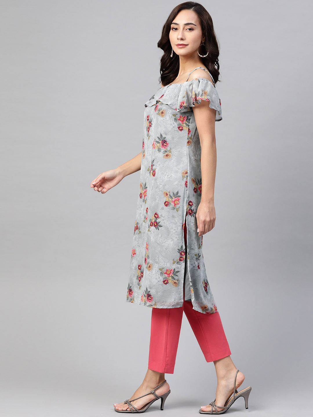 Jompers Women Grey & Pink Floral Printed Off-Shoulder Floral Kurta | Grocsy
