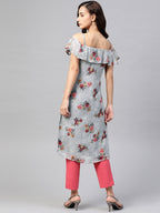 Jompers Women Grey & Pink Floral Printed Off-Shoulder Floral Kurta | Grocsy