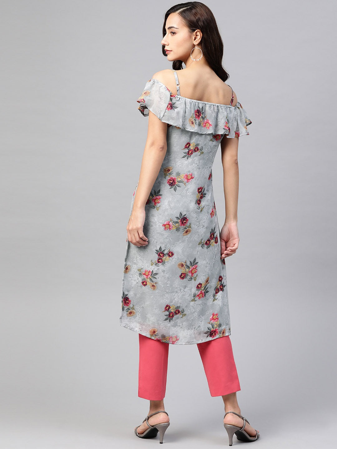 Jompers Women Grey & Pink Floral Printed Off-Shoulder Floral Kurta | Grocsy