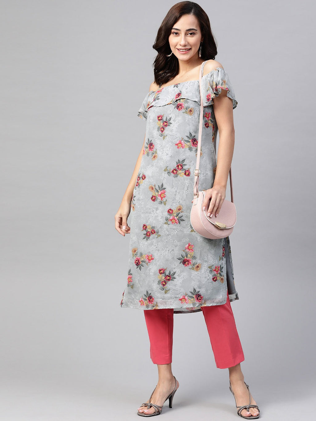 Jompers Women Grey & Pink Floral Printed Off-Shoulder Floral Kurta | Grocsy