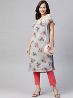 Jompers Women Grey & Pink Floral Printed Off-Shoulder Floral Kurta | Grocsy