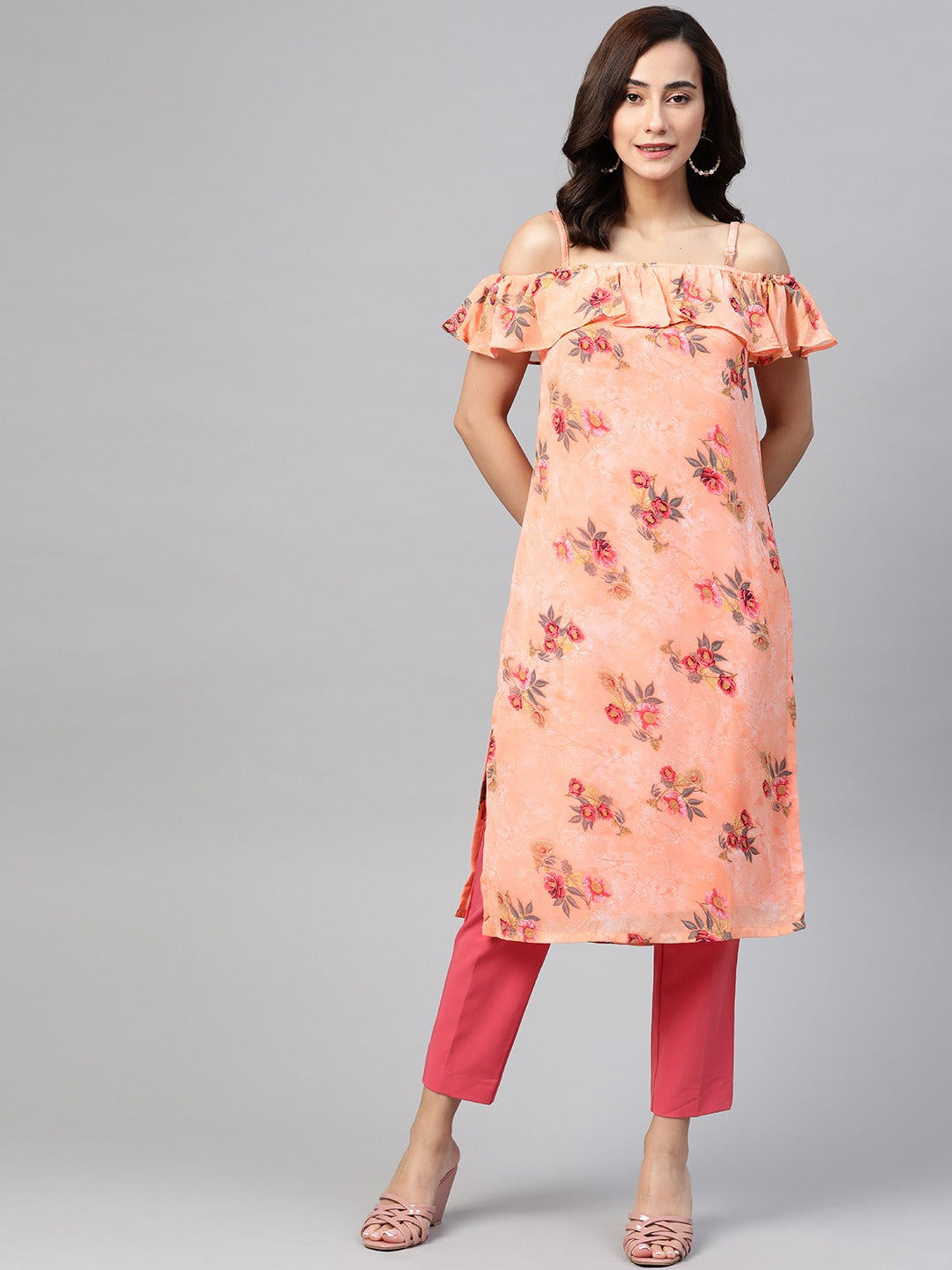 Jompers Women Peach-Coloured & Grey Floral Print Off-Shoulder Straight Kurta | Grocsy