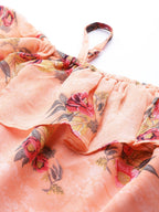 Jompers Women Peach-Coloured & Grey Floral Print Off-Shoulder Straight Kurta | Grocsy