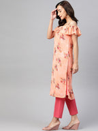 Jompers Women Peach-Coloured & Grey Floral Print Off-Shoulder Straight Kurta | Grocsy