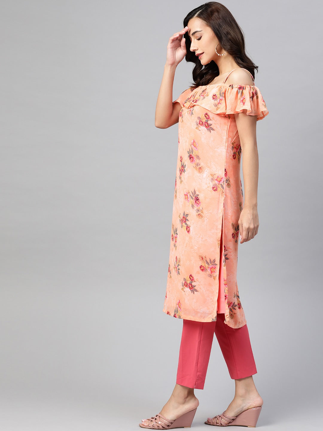 Jompers Women Peach-Coloured & Grey Floral Print Off-Shoulder Straight Kurta | Grocsy