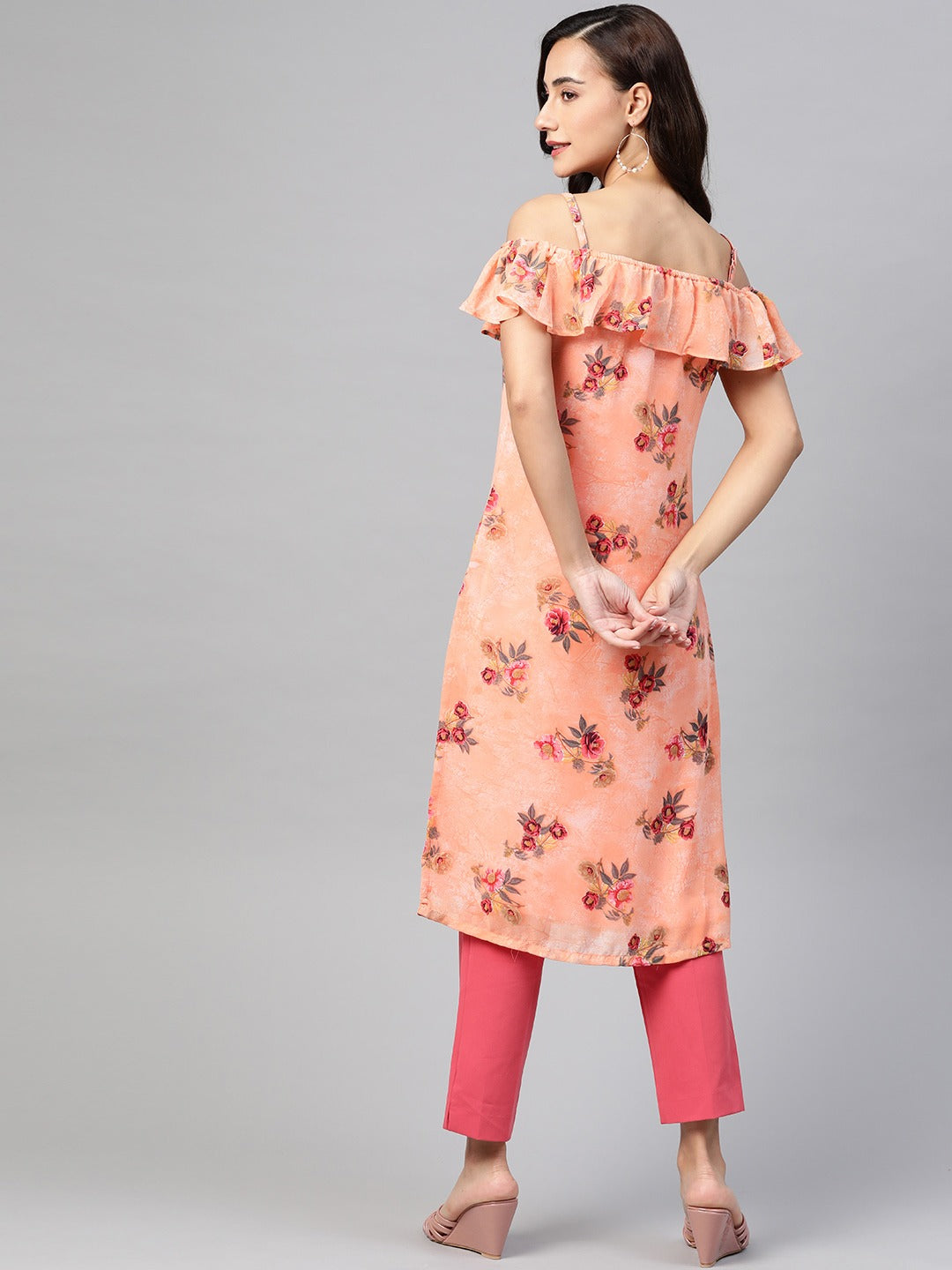 Jompers Women Peach-Coloured & Grey Floral Print Off-Shoulder Straight Kurta | Grocsy