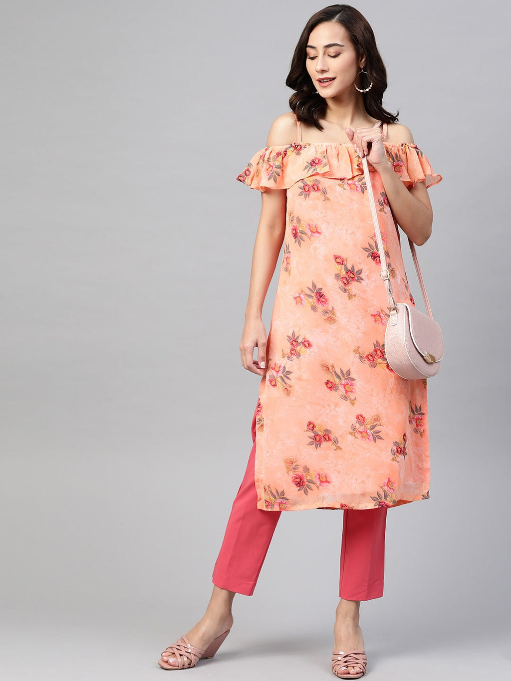 Jompers Women Peach-Coloured & Grey Floral Print Off-Shoulder Straight Kurta | Grocsy