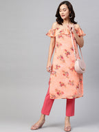 Jompers Women Peach-Coloured & Grey Floral Print Off-Shoulder Straight Kurta | Grocsy