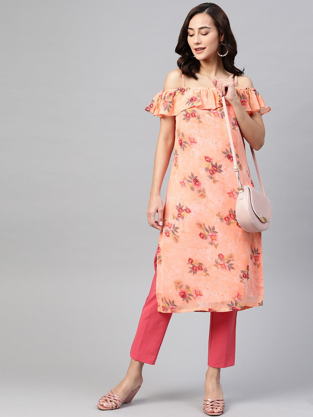 Jompers Women Peach-Coloured & Grey Floral Print Off-Shoulder Straight Kurta | Grocsy