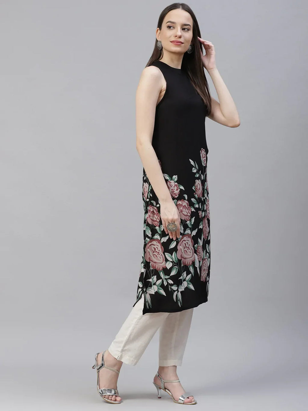 Jompers Women's Black Floral Printed Floral Kurta | Grocsy
