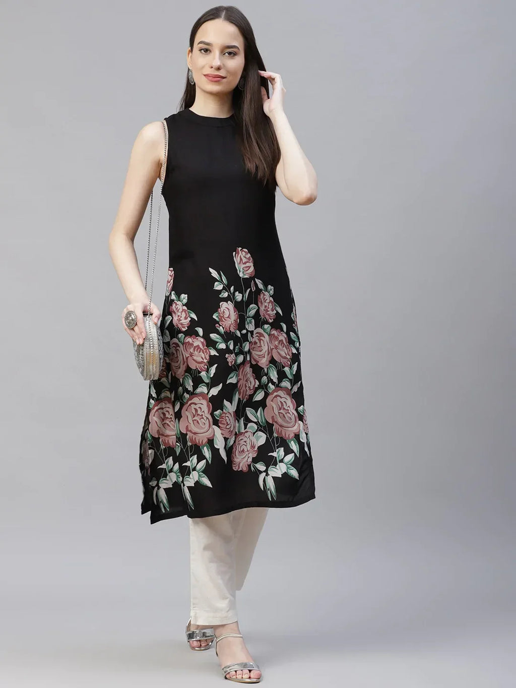 Jompers Women's Black Floral Printed Floral Kurta | Grocsy