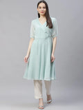 Jompers Women's Turquoise Blue Woven Design Flared Kurta | Grocsy