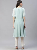 Jompers Women's Turquoise Blue Woven Design Flared Kurta | Grocsy