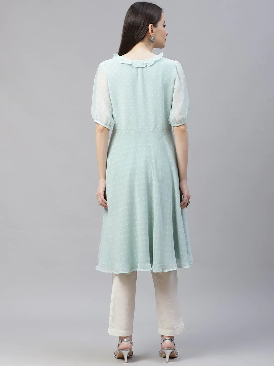 Jompers Women's Turquoise Blue Woven Design Flared Kurta | Grocsy