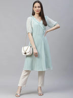 Jompers Women's Turquoise Blue Woven Design Flared Kurta | Grocsy