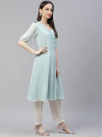 Jompers Women's Turquoise Blue Woven Design Flared Kurta | Grocsy