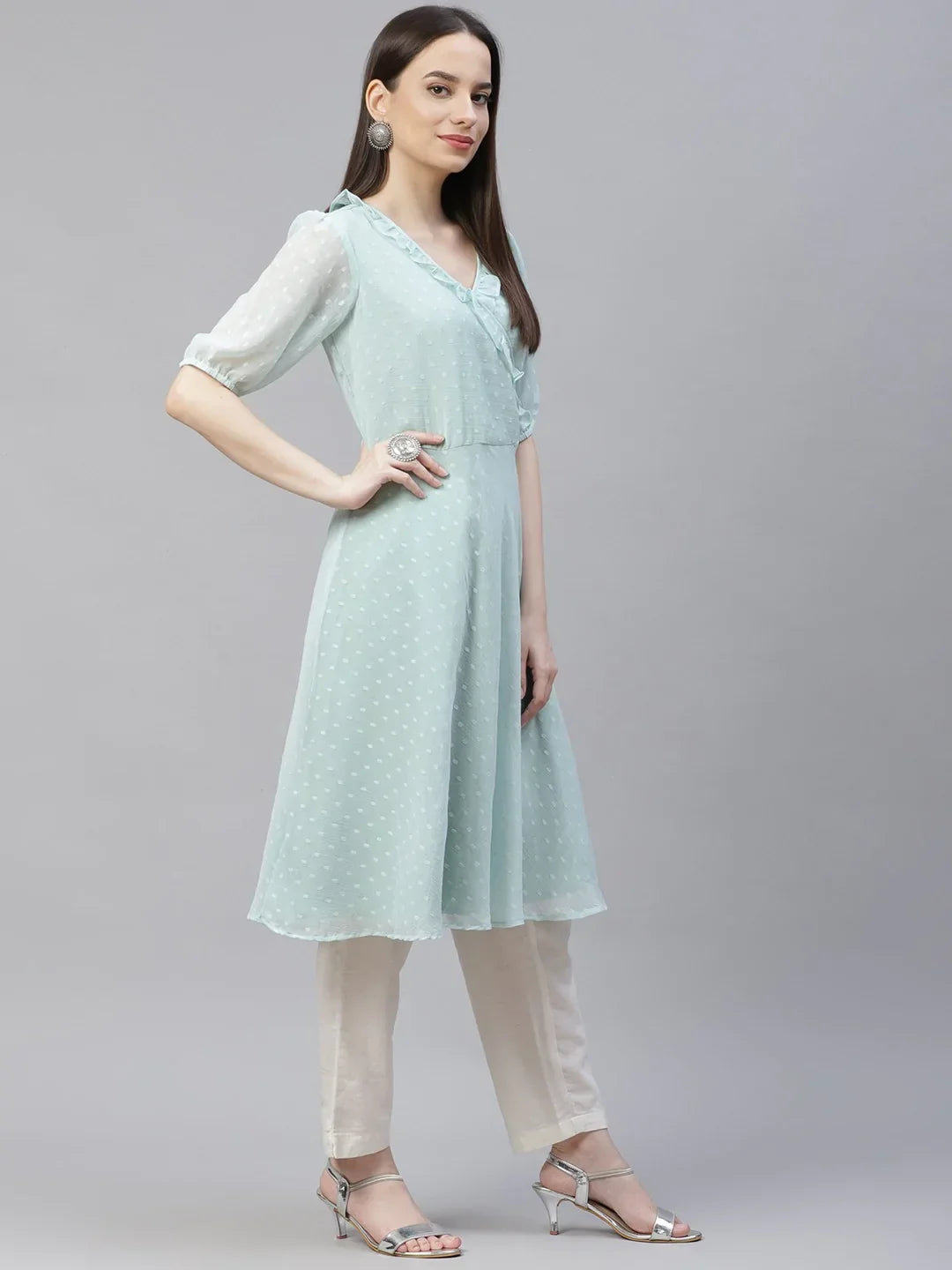 Jompers Women's Turquoise Blue Woven Design Flared Kurta | Grocsy