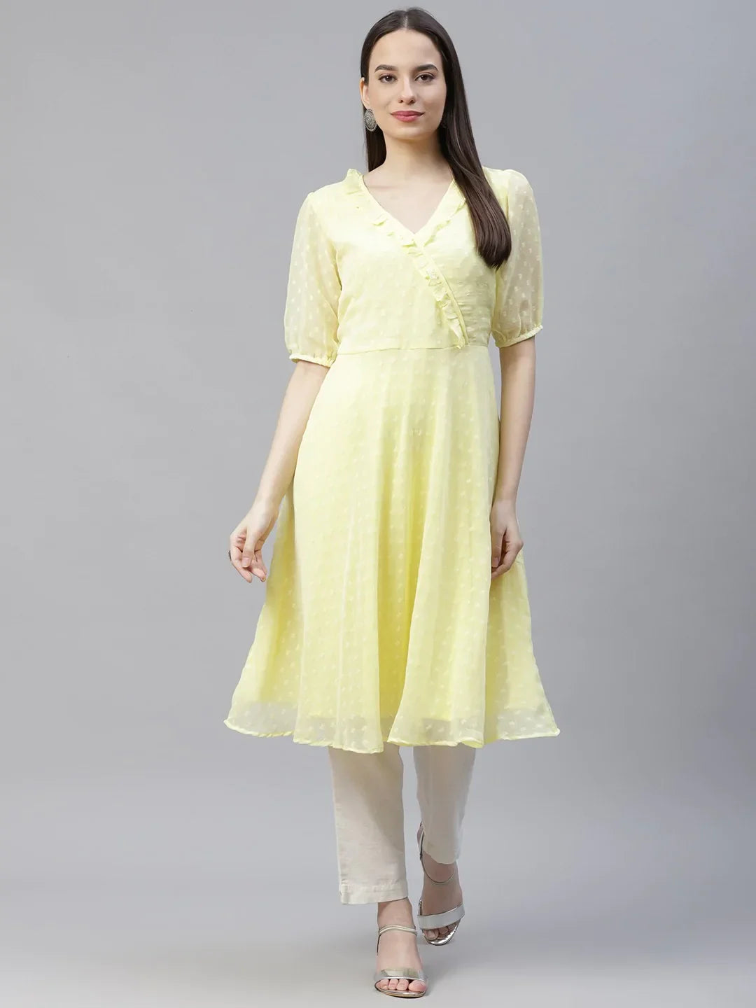 Jompers Women's Yellow Woven Design Flared Kurta | Grocsy