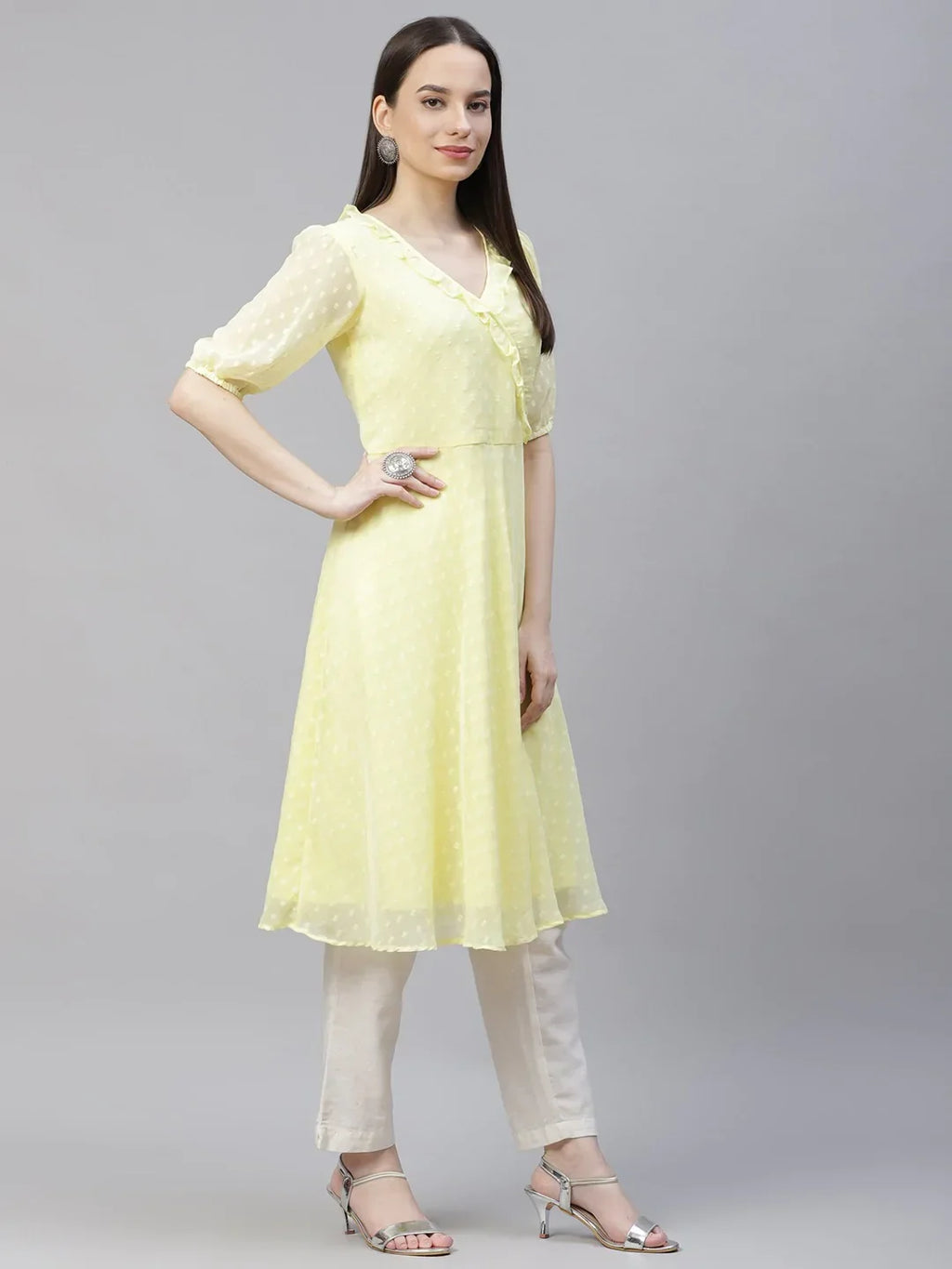 Jompers Women's Yellow Woven Design Flared Kurta | Grocsy