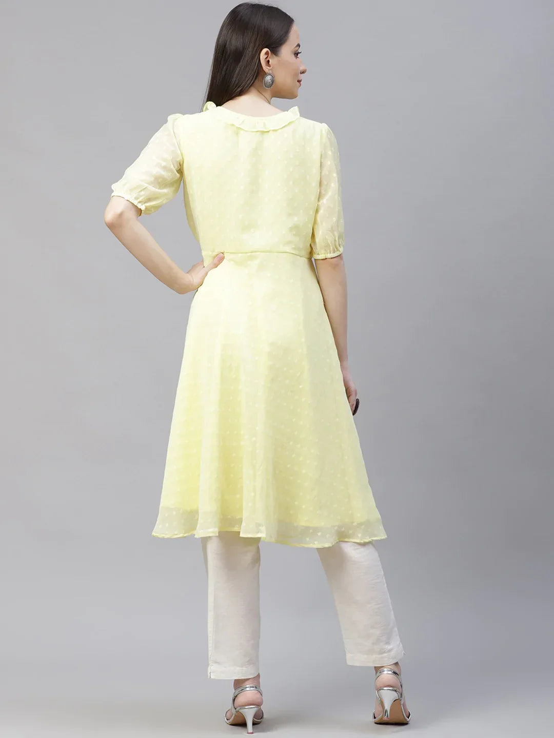 Jompers Women's Yellow Woven Design Flared Kurta | Grocsy