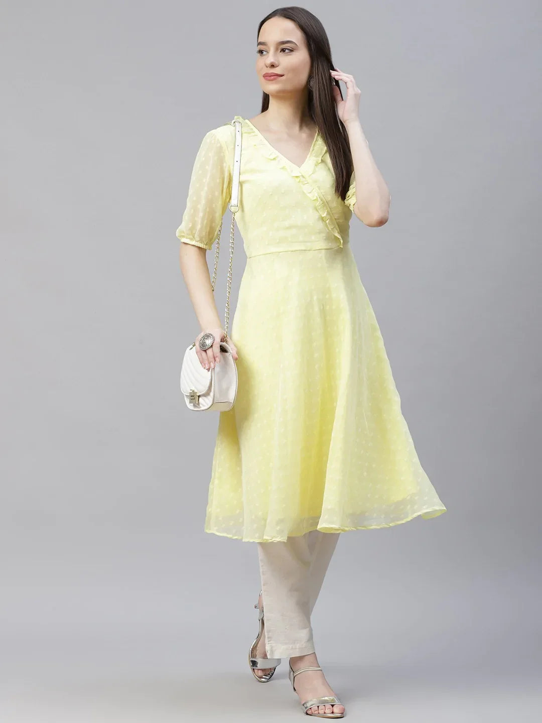 Jompers Women's Yellow Woven Design Flared Kurta | Grocsy