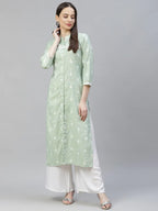 Jompers Women's Green Ethnic Motifs Ikat Kurta with lace work | Grocsy