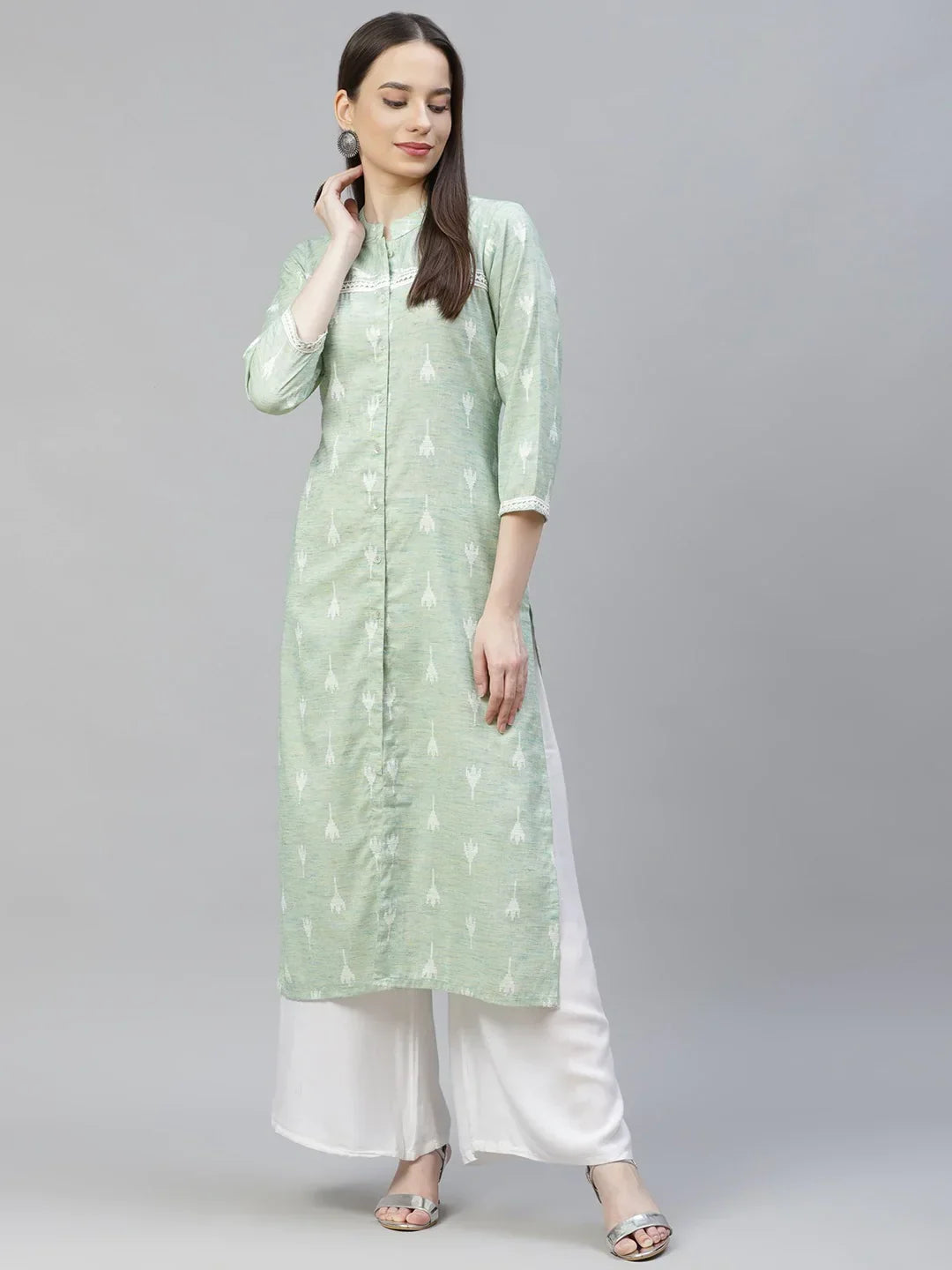 Jompers Women's Green Ethnic Motifs Ikat Kurta with lace work | Grocsy