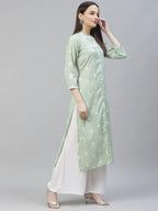 Jompers Women's Green Ethnic Motifs Ikat Kurta with lace work | Grocsy