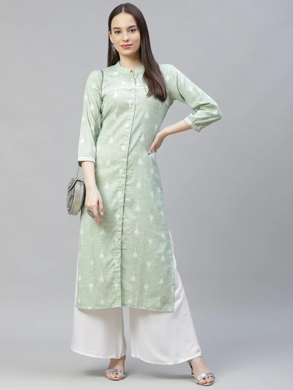 Jompers Women's Green Ethnic Motifs Ikat Kurta with lace work | Grocsy