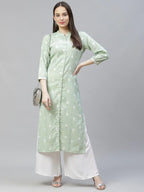 Jompers Women's Green Ethnic Motifs Ikat Kurta with lace work | Grocsy