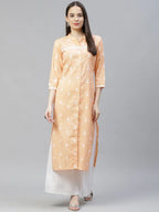 Jompers Women's Orange Ethnic Motifs Ikat Kurta with lace work | Grocsy
