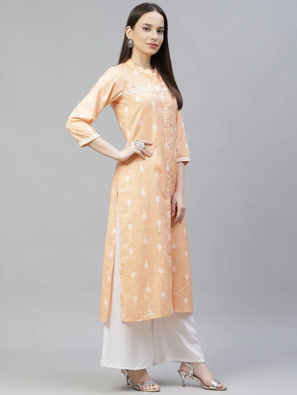 Jompers Women's Orange Ethnic Motifs Ikat Kurta with lace work | Grocsy