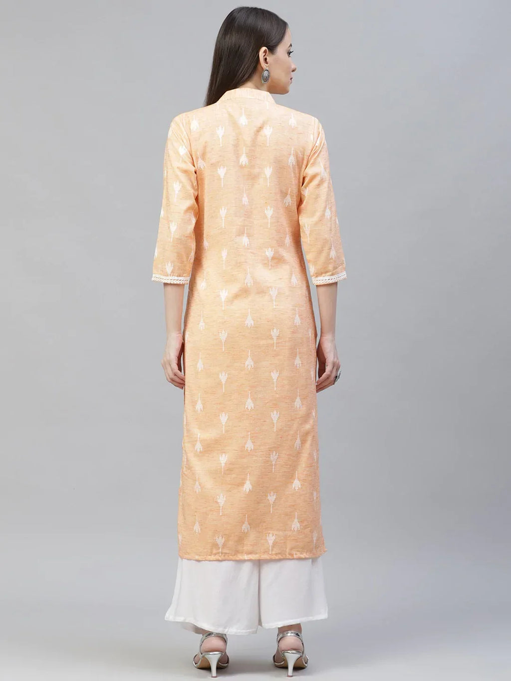 Jompers Women's Orange Ethnic Motifs Ikat Kurta with lace work | Grocsy