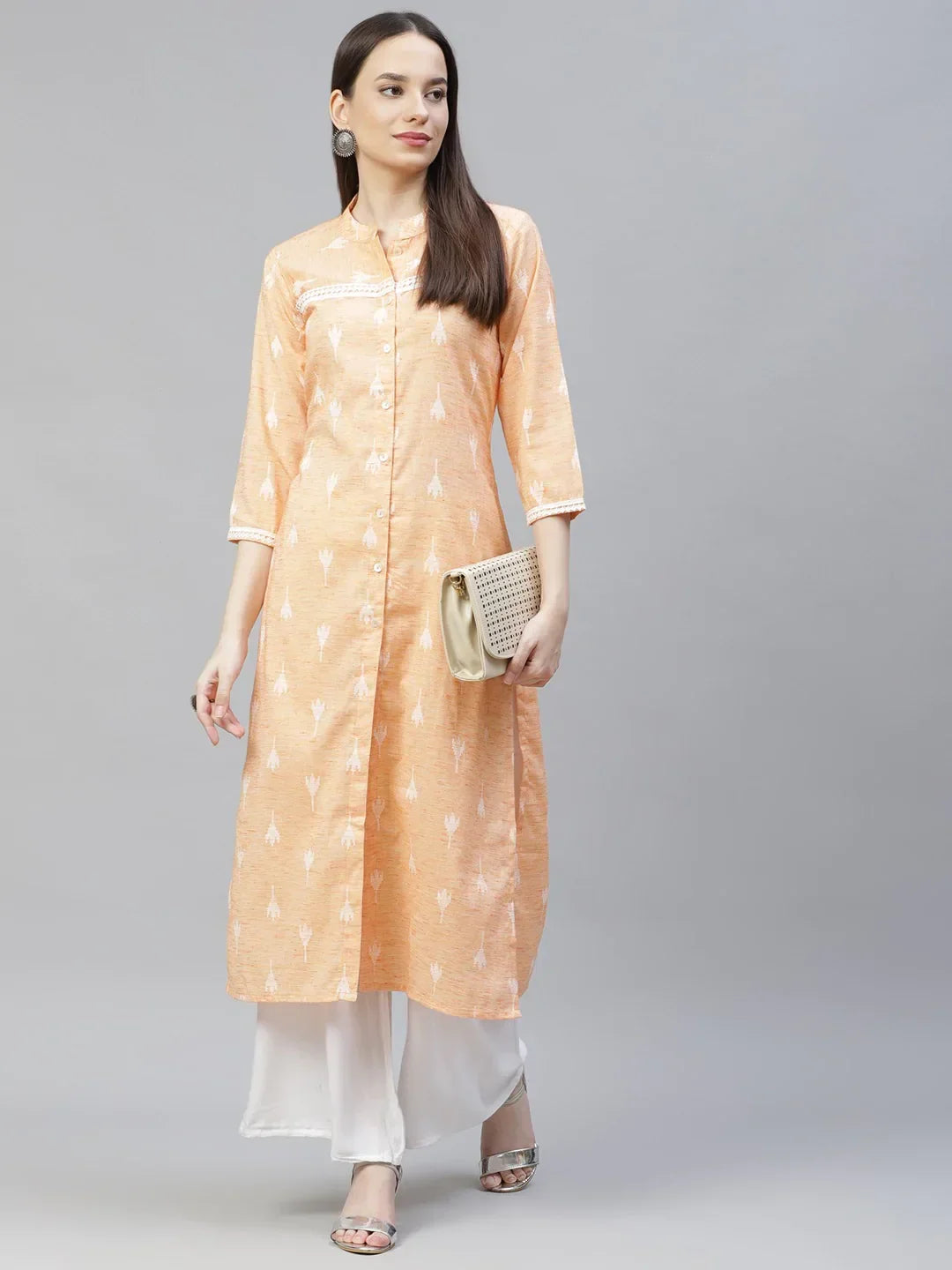 Jompers Women's Orange Ethnic Motifs Ikat Kurta with lace work | Grocsy
