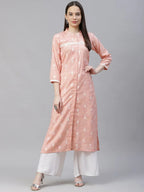 Jompers Women's Pink Ethnic Motifs Ikat Kurta with lace work | Grocsy