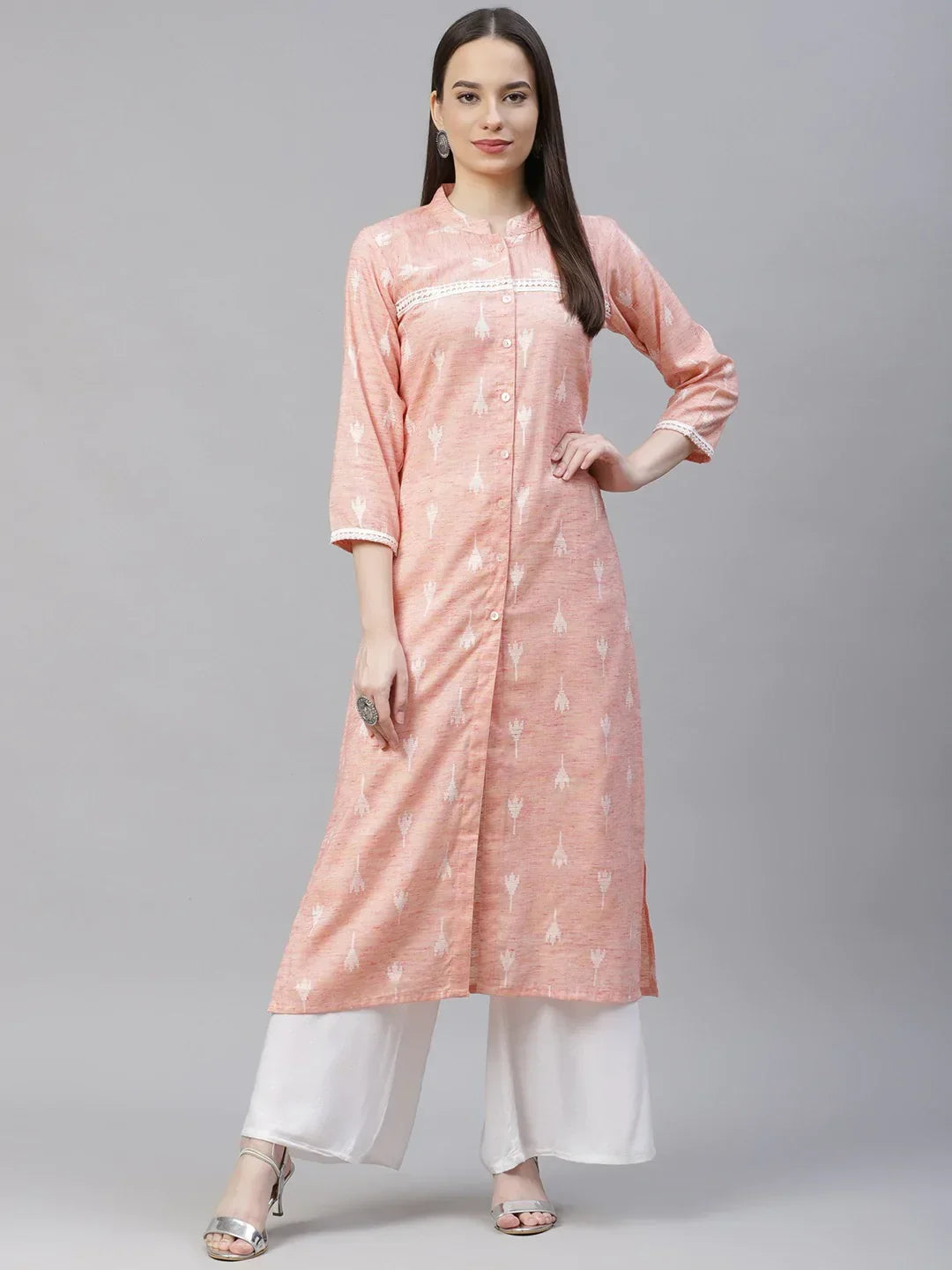 Jompers Women's Pink Ethnic Motifs Ikat Kurta with lace work | Grocsy