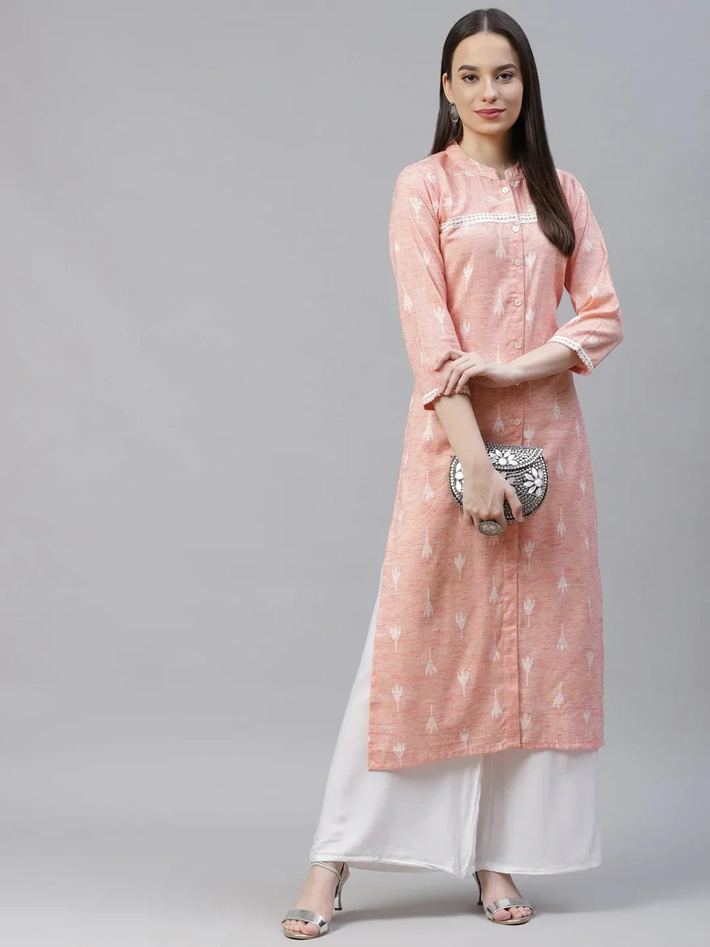 Jompers Women's Pink Ethnic Motifs Ikat Kurta with lace work | Grocsy
