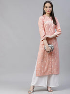 Jompers Women's Pink Ethnic Motifs Ikat Kurta with lace work | Grocsy