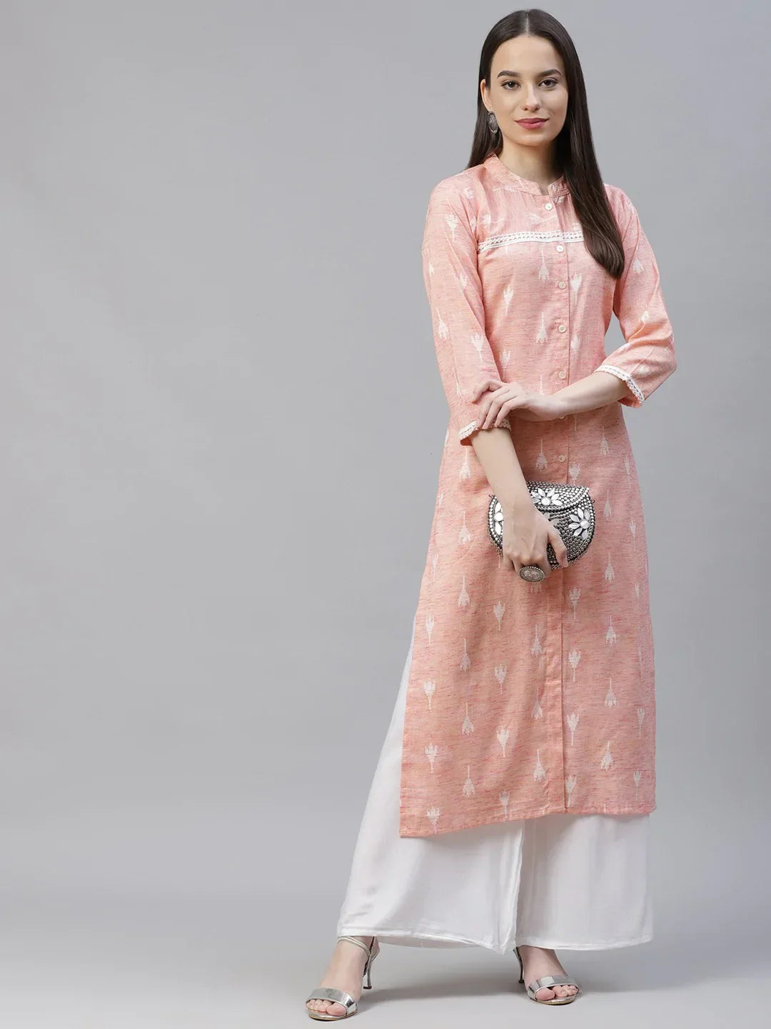 Jompers Women's Pink Ethnic Motifs Ikat Kurta with lace work | Grocsy